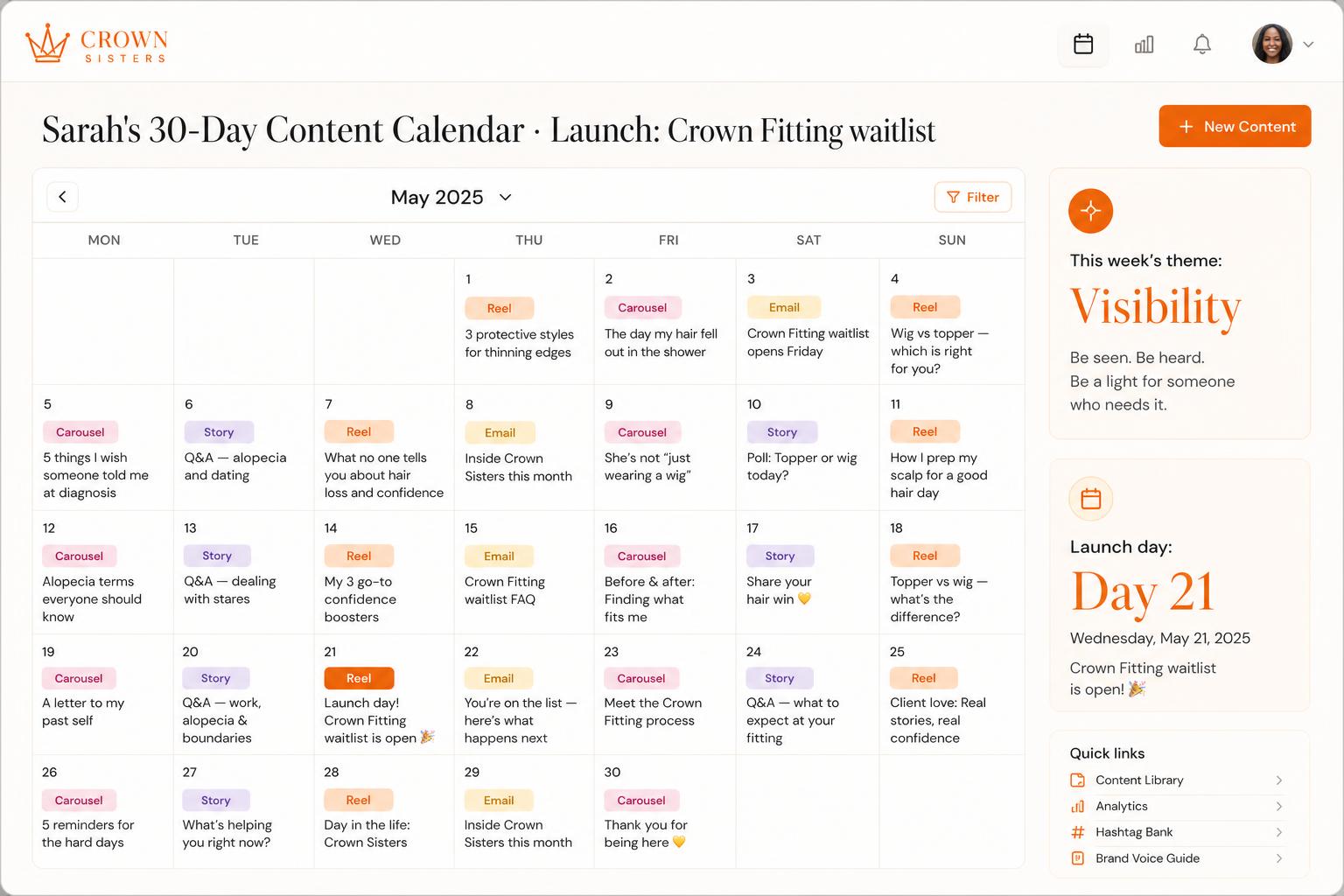 30 days of posts, mapped to her wig-fitting launch.