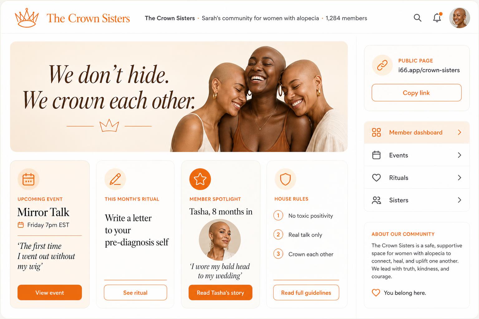 The Crown Sisters — her public home for women with alopecia.